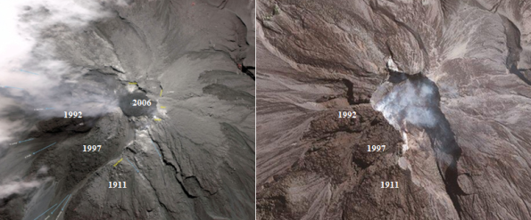 Gambar 3. Perubahan morfologi puncak Gunung Merapi antara sebelum 2010 (kiri) dan setelah 2010 (kanan) berdasarkan citra satelit. Angka menunjukkan lokasi kubah lava produk tahap letusan tertentu (misalnya 2006 berarti kubah lava produk tahap letusan 2006). Sebelum 2010, puncak dipenuhi tonjolan kubah lava di sana-sini tanpa adanya kawah. Pasca 2010 sejumlah kubah lava lenyap seluruhnya/sebagian, digantikan oleh kawah seukuran 600 meter yang terbuka ke tenggara. Perubahan inilah yang mempengaruhi sifat-sifat Gunung Merapi pasca 2010. Sumber: BPPTK, 2007; BPPTKG, 2013. 